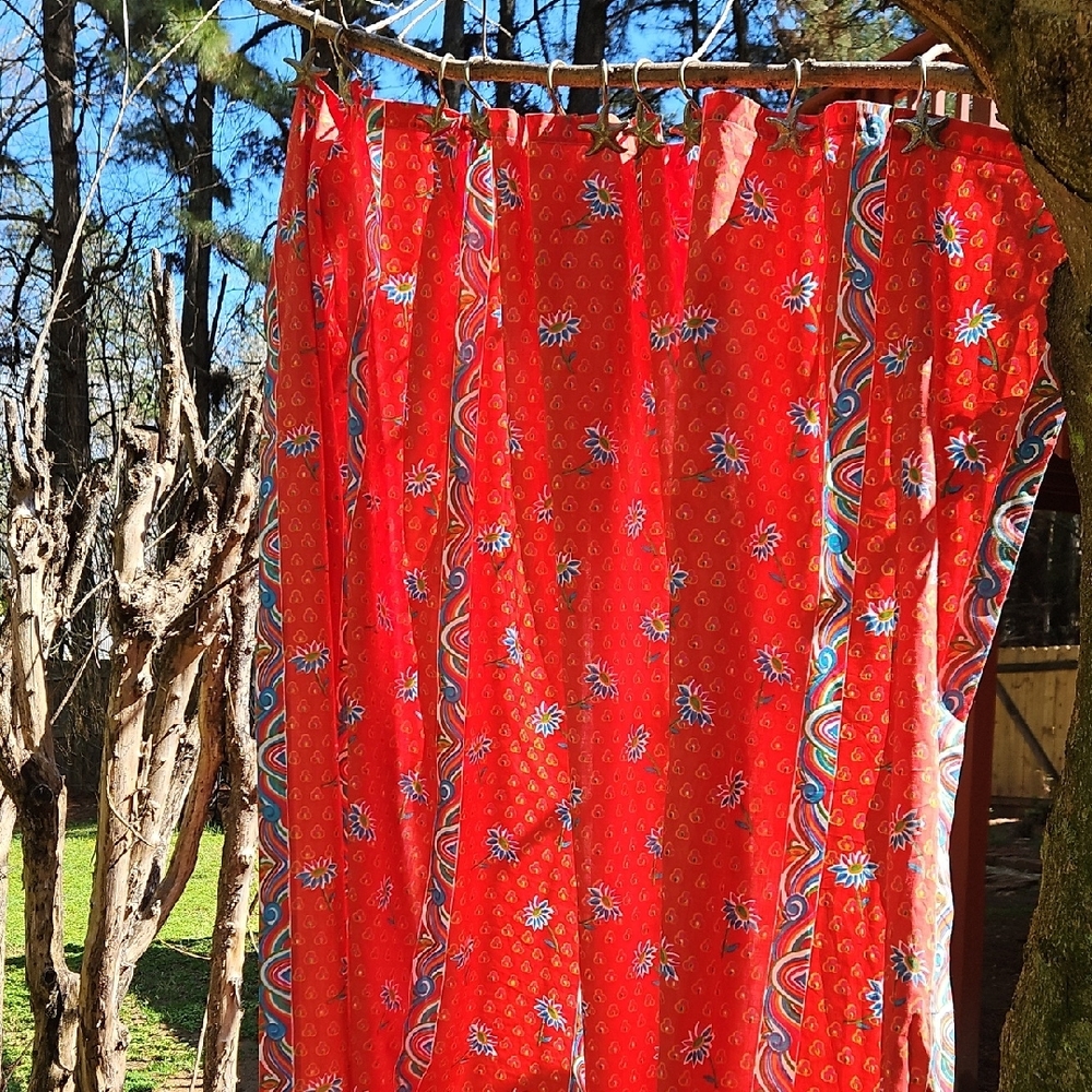 Vintage Cotton Indian Block Design  Orange  Blue Floral Shower 72" X 72" Curtain - Picture 3 of 17